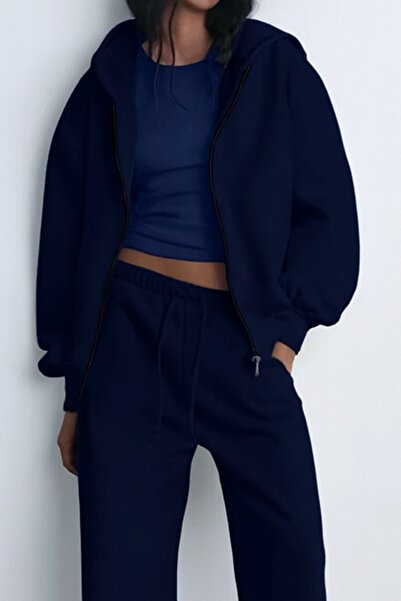 The Champ Clothing Σετ αθλητικής φόρμας με φλις εσωτερικά, υπερμεγέθη κοπή, με κουκούλα και φερμουάρ, σε μπλε ναυτικό χρώμα