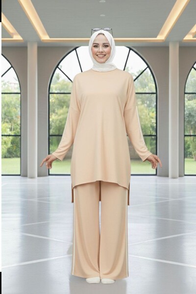 Mercan KEVSER TAKIM Rahat Spor Kristal Kumaş İkili Takım Bej Tesettür Giyim