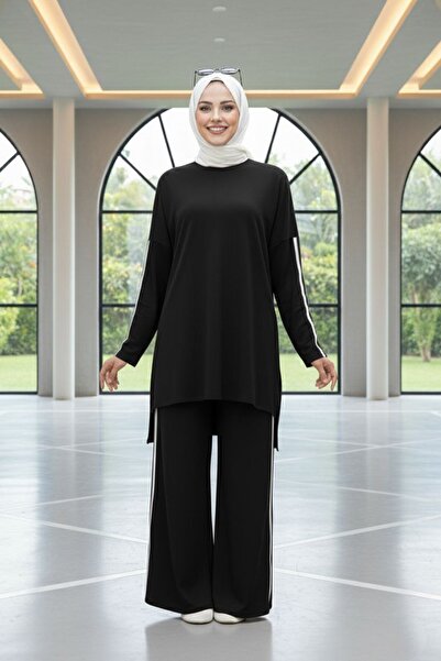 Mercan KEVSER TAKIM Rahat Spor Kristal Kumaş İkili Takım Siyah Tesettür Giyim