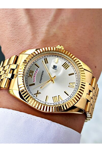 Weluxa Gold Color Silver Dial Calendar Steel Band Men's Wrist Watch