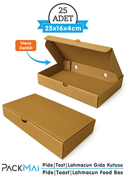PackMai 25x16x4 cm Karton Kraft Kutu |25 ADET| Kargo Gıda Kutusu|Pide Tost Lahmacun