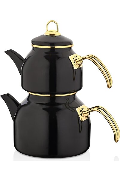 qussine Emaye Çaydanlık Takımı Siyah Gold Üst 1300 ml // Alt 2500 ml