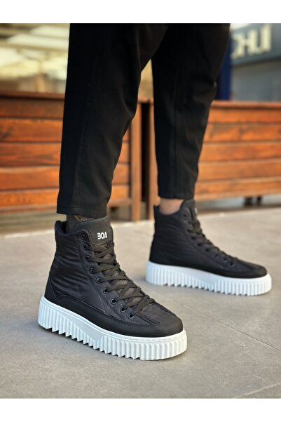 BOA BA0811 BOA Yüksek Beyaz Taban Siyah Paraşüt Kumaş Cilt Detaylı Yarım Bilek Spor Bot