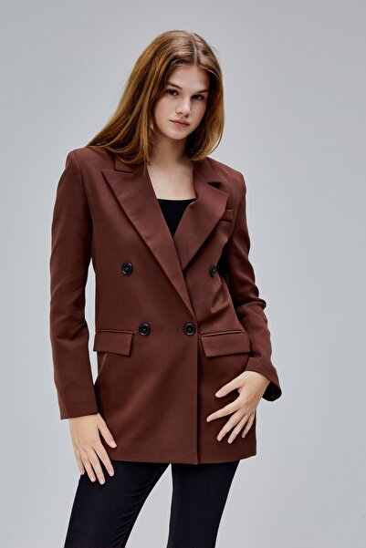 Bolivente Kahverengi Regular Astarlı Kruvaze Kapama Dokuma Oversize Blazer Ceket