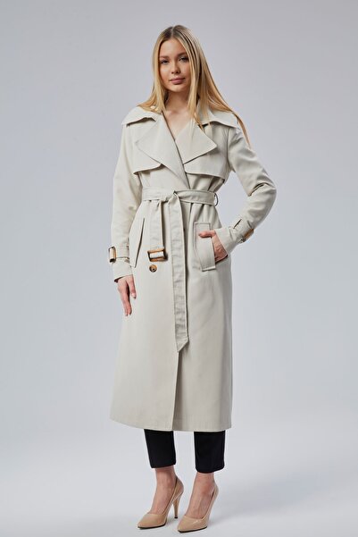 Bolivente Kadın Kemerli Rüzgarlık Detaylı Uzun Trençkot