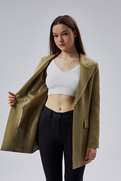 Bolivente Açık Haki Kruvaze Uzun Blazer Ceket