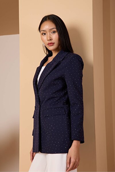 Bolivente Lacivert Regular Dokuma Astarlı Taş Detaylı Blazer Ceket
