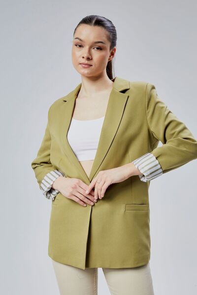 Bolivente Light Khaki Double Breasted Collar Sleeve Fold Detailed Regular Padded Blazer Jacket