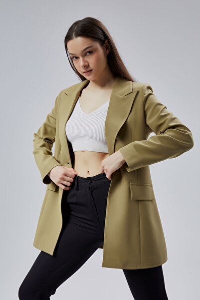 Bolivente Açık Haki Kruvaze Uzun Blazer Ceket