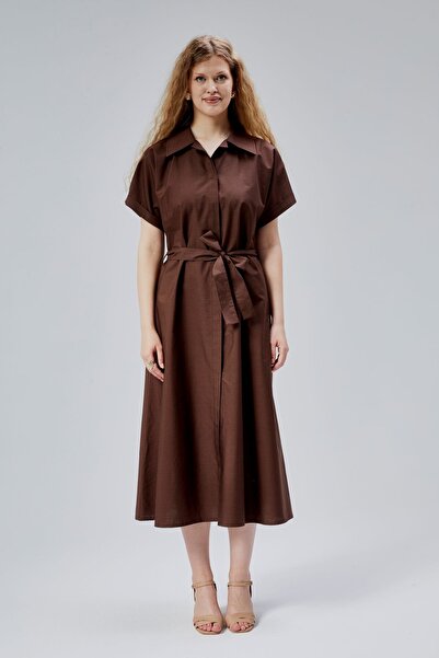 Bolivente Кафява рокля от поплин с копчета и яка-риза