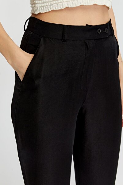 Bolivente Siyah Keten İspanyol Paça Dokuma Pantolon