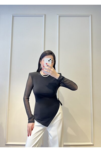 Zims Butik Büzgü Detaylı Uzun Kollu Vatkalı Bluz Siyah