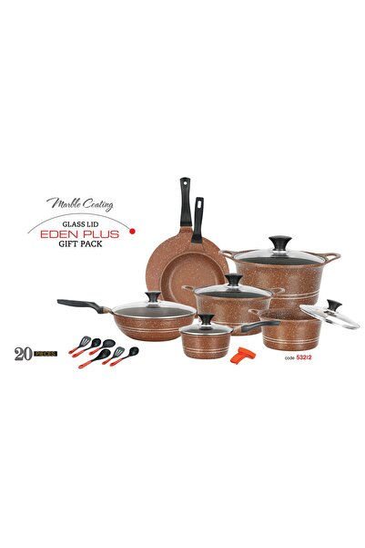 SONEX طقم أواني طهي إيدن بلس من الألومنيوم غير اللاصق، 20 قطعة، لون بني رخامي