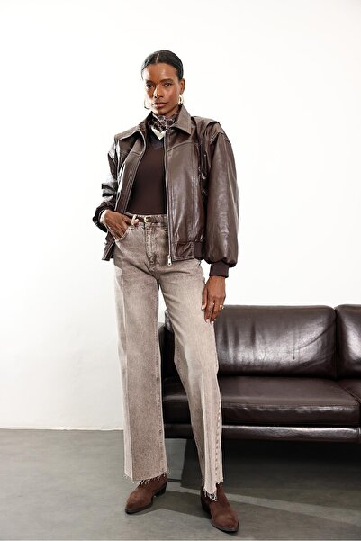 5in1Canpolat Brown Contrast Stitched Leather Bomber Jacket