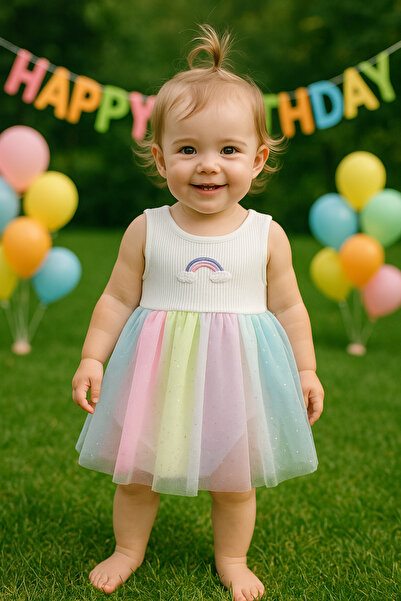 COB Gökkuşağı Detaylı Renkli Tül Bebek Body Elbise