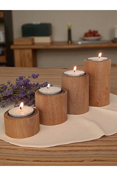 efholde Ahşap Doğal Dekoratif Mumluk 4'lü Silindir Takım