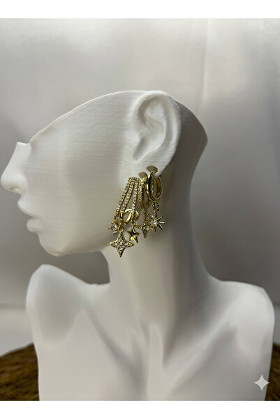 Duo üçlü çelik yıldızlı küpe