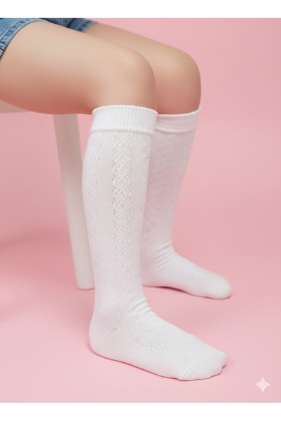 fındık bebe Girl's Knee-High Socks Self-Patterned Cotton Breathable Anti-Sweat 3-Pack
