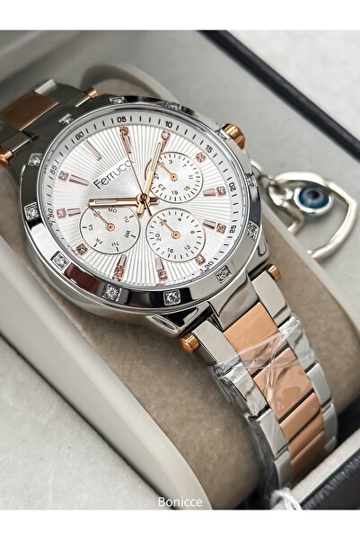 Ferrucci Çift Renk Çelik Kordon Su Geçirmez Garantili Kadın Kol Saati+bileklik