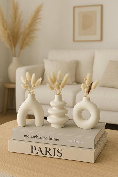 ELASİBEL HOME Minimal Beyaz 3’lü vazo seti Dekoratif 10cm 3’lü vazo set