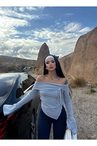 albaroda Bluză pentru femei, gri groasă, material reiat cu guler Madonna deta...