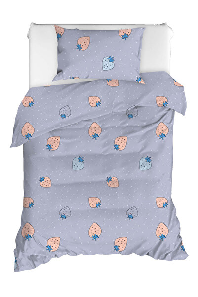 Eponj Home Tek Kişilik Pamuklu Nevresim Takımı 3 Parça – Çilek Desen – Gri / Yumuşak Dokulu