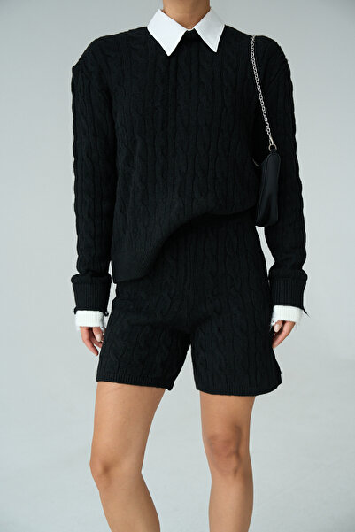 LOOSH Kadın Siyah Triko Örgü Kazak - Şortlu Takım