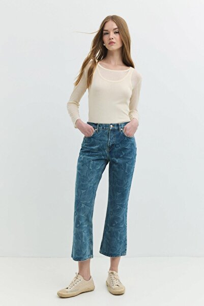 Denim Trip Mına Flare Crop Fit Yüksek Bel Çiçek Desenli Orta Indigo Kadın Jea...