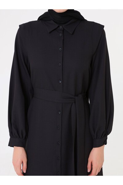 Refka Lace-Up Detailed Crepe Fabric Hijab Dress - Black - Refka