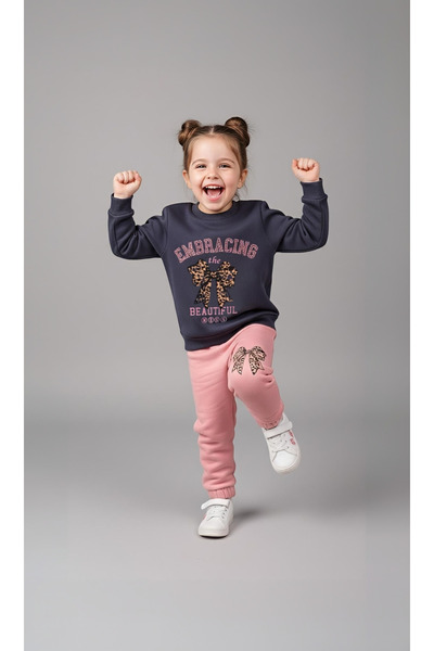 Beray Bebe Girl's Three Thread Ribbed 2-Piece Set |   Sweatshirt & Sweatpants |   Bow Printed