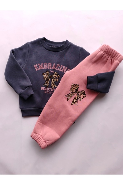 Beray Bebe Girl's Three Thread Ribbed 2-Piece Set |   Sweatshirt & Sweatpants |   Bow Printed