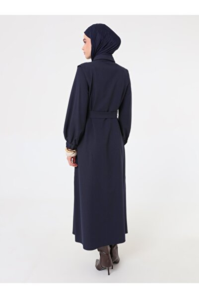 Refka Lace-Up Detailed Crepe Fabric Hijab Dress - Navy Blue - Refka