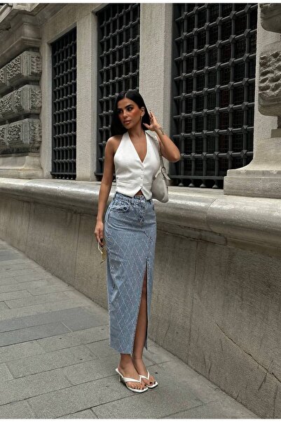 GAMZE ALPTEKİN Diamond Pattern Stone Denim Skirt Slit Denim Skirt (Slim Fit, Buy One Size up)