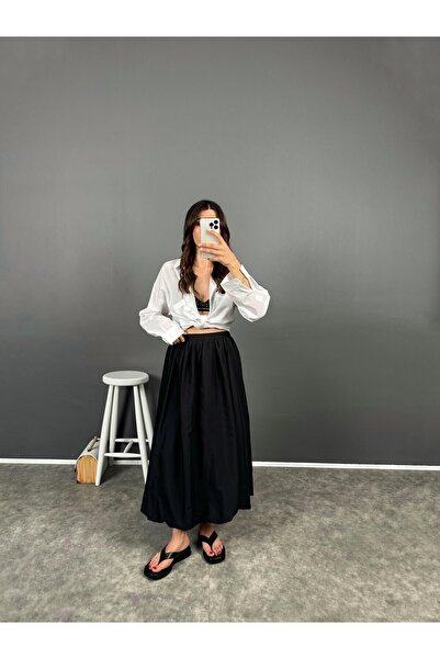 GAMZE ALPTEKİN Black Elastic Waist Poplin Skirt with Side Pockets