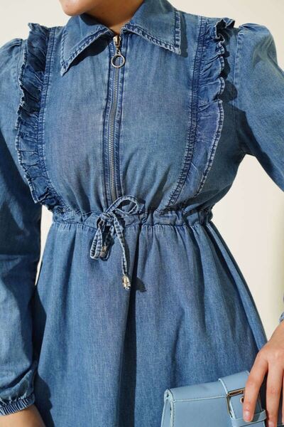 vl vellichor FIRFIRLI FERMUARLI BALON KOL KOT ELBİSE Mavi