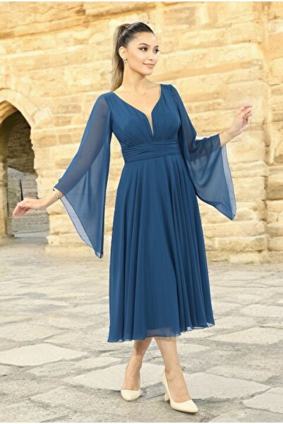 FaBe Fashion Uzun Volan Kollu Kalp Yaka Beli  Büzgülü Midi  Beyaz Şifon Elbise Nikah-nişan-söz-dış Çekim