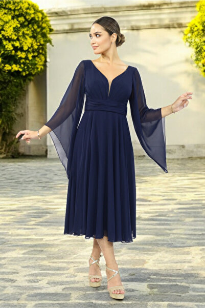 FaBe Fashion Rochie midi din șifon albă - mâneci lungi cu volan, decolteu cu inimă și talie adunată, pentru fotografiere de nuntă și logodnă