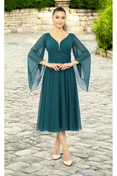 FaBe Fashion Uzun Volan Kollu Kalp Yaka Beli  Büzgülü Midi  Beyaz Şifon Elbise Nikah-nişan-söz-dış Çekim