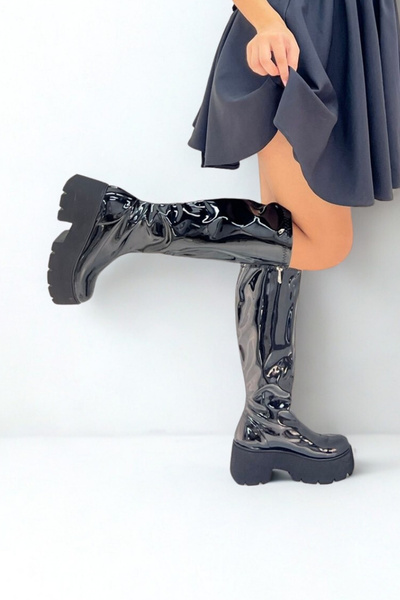 inizio Black Patent Leather Stretch Women's Boots P9030