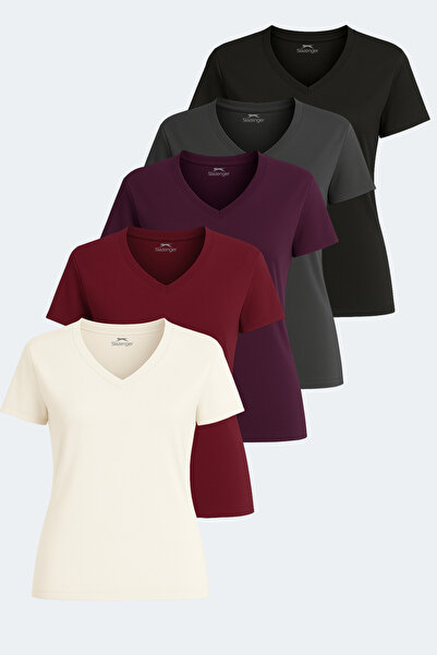 Slazenger PERICAS 5 li Set Kadın Ekru - Koyu Gri - Siyah - Mürdüm - Bordo Tişört