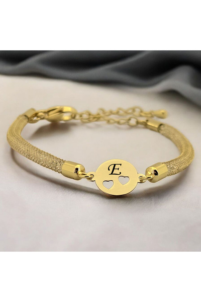ARCHINO GOLD 14 Ayar Altın Plakalı E Harfli Hasır Kordonlu Kalp Detaylı Oval ...
