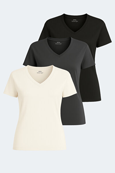Slazenger PERICAS 3 lü Set Kadın Ekru - Koyu Gri - Siyah Tişört