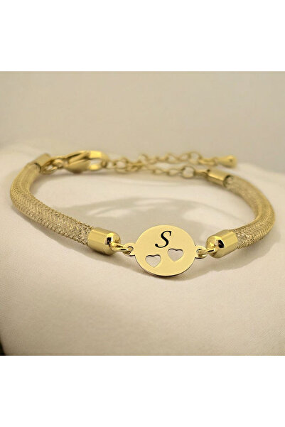 ARCHINO GOLD 14 Ayar Altın Plakalı S Harfli Hasır Kordonlu Kalp Detaylı Oval ...