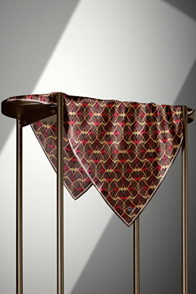 Vissona 100% Twill Silk Geometric Patterned Brown - Red Colored 90X90 Scarf Sewing Shape: Hand Sewing