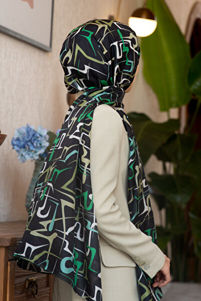 Vissona 100% Silk Striped Patterned Emerald Green - Khaki Color Shal