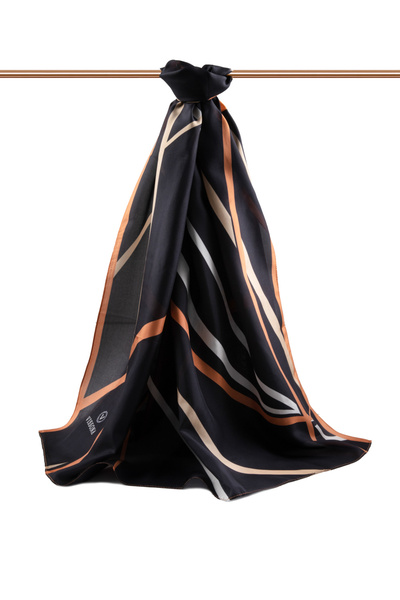 Vissona شال منقوش بخطوط حريرية 100% باللون الأسود - اللون البني الفاتح