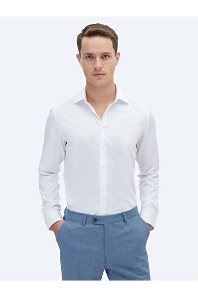 Kip Beyaz Düz Slim Fit Dokuma Klasik %100 Pamuk Gömlek
