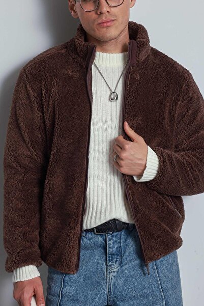 ablukaonline Удобно мъжко плюшено яке с цип и яка, кафяво