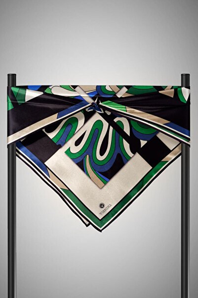 Vissona 57% Silk 43% Viscosa Twill Silk Geometric Patterned Saks - Emerald Green Colored 90X90 Planting Shape : E