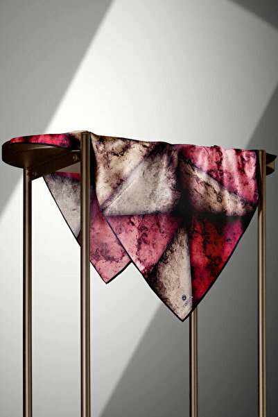 Vissona 57% Silk 43% Viscose Twill Silk Textured and Geometric Patterned Burgundy - Beige Colored 90X90 Scarf Dikim Şe